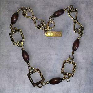 Vintage New York Studio Gold Tone Wood Bead Station‎ Necklace 22"